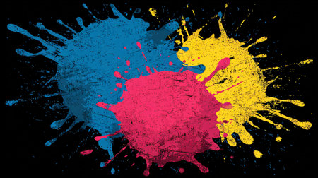 Color separation splatters featuring bright cyan magenta and yellow pigments aggressively overlap on...