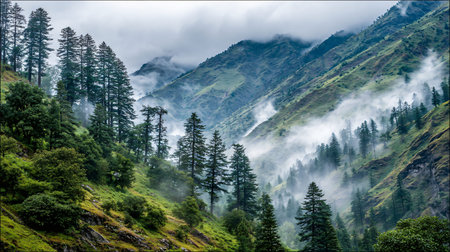 Dramatic green mountain range showcases dense evergreen forestation clinging to steep inclines while...