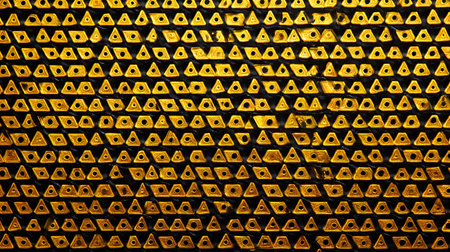Many small gold colored industrial cutting tool inserts with central holes form a dense repeating...