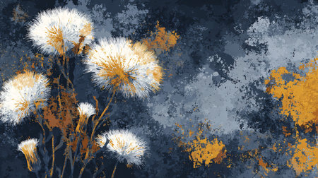 Abstract floral illustration showcases fluffy white and yellow seed heads with painterly texture contrasting sharply against a deep blue and gray distressed background perfect for modern wall art.の写真素材
