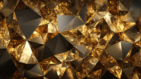 Abstract geometric gold and dark metallic surface features intensely reflective triangular facets...