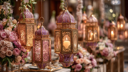 Hanging ornate Moroccan style lanterns with purple mosaic details and burning candles provide warm...
