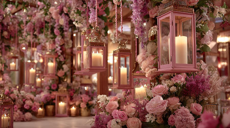 Hanging pink lanterns with glowing white candles are nestled among lavish pink and white floral displays establishing a deeply romantic and opulent decorative theme for a special occasion.の写真素材
