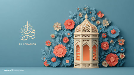 Ornate illuminated Ramadan lantern sits beside a cluster of intricate paper flowers in coral and...
