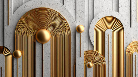 Abstract three dimensional rendering displays luxurious gold concentric arch forms with polished golden spheres set against a textured speckled gray concrete panel creating a striking upscale art deco inspired background decoration.の写真素材