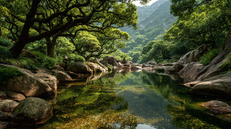 Serene emerald green forest stream flows calmly past large mossy boulders and under the shadow of...