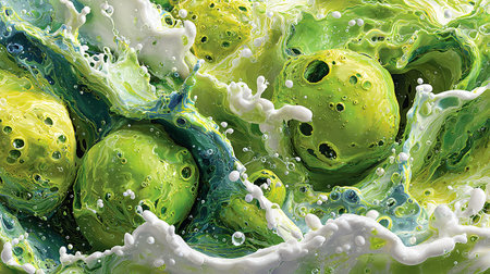 Vibrant green and yellow spheres explode through a highly dynamic macro composition, surrounded by energetic splashes of refreshing creamy white liquid and vivid green juice, creating a visually striking abstract scene perfect for illustrating health vitality fresh natural ingredients or exciting beverage and food concepts in modern advertising designs.の写真素材