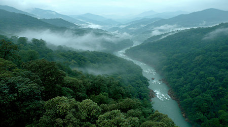 landscape of the mountain and river in the morning mist with fog