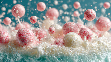 Milk splash with pink and white balls, close-up.