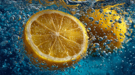 Fresh lemon in water with bubbles on blue background. Closeup.