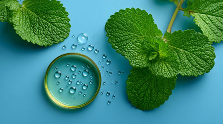 Vibrant green mint leaves beautifully frame a clear petri dish filled with a subtle green liquid and...
