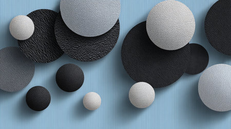 Textured circles in various sizes and monochromatic tones of black, gray, and white are artfully...