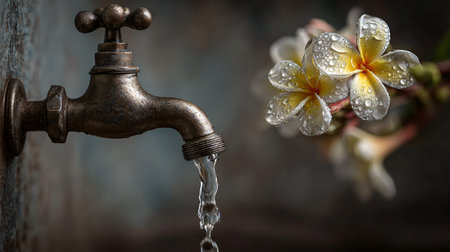 Frangipani flowers with water tap over old wooden background.