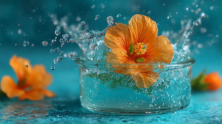 Water splash with orange flower and water drops on blue background, closeup