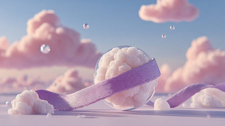 Cauliflower with purple ribbon and clouds on background. 3d illustration