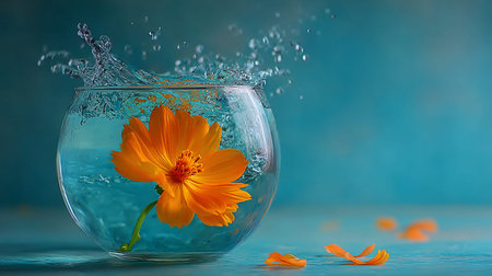 Orange flower in a glass bowl with water splash on blue background
