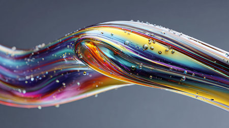 Colorful abstract fluid sculpture with numerous transparent bubbles creates a dynamic, vibrant...