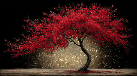 Twisted tree with brilliant red leaves stands illuminated by intense golden particle light against...