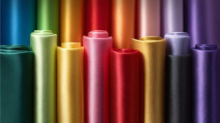 Vibrant rolls of luxurious satin ribbon fabric showcase a spectrum of rich colors with a beautiful...