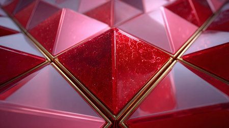 Luxurious geometric pattern features sparkling ruby red pyramidal facets outlined with thin gold...