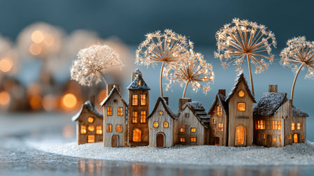 Miniature wooden village displays warmly lit windows nestled in sand beneath glittering dried flower heads with a soft blue background creating a magical seasonal diorama.の写真素材