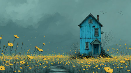 Weathered blue wooden house stands in a vibrant yellow wildflower meadow under a serene, cloudy sky, creating an enchanting rural landscape with a tranquil, idyllic atmosphere, evoking a sense of peaceful solitude and timeless natural beauty.の写真素材