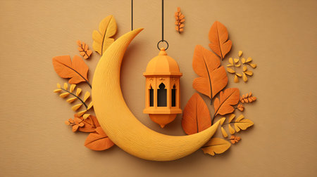 Crescent moon and ornate hanging lantern are beautifully displayed with layered paper-cut style autumnal leaves, crafting a serene 3d rendered scene perfect for islamic holiday greetings, ramadan kareem celebrations, or elegant festive season decorations.の写真素材