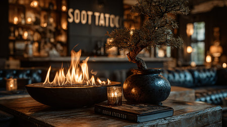 Tabletop fire pit with vibrant flames sits near a small bonsai in a dark vase and a lit candle atop...