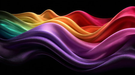 Colorful wavy fabric displays a spectrum of vibrant, shimmering hues, creating a dynamic abstract pattern with elegant folds and luxurious texture against a stark dark background, perfect for contemporary design applications and aesthetic projects.の写真素材
