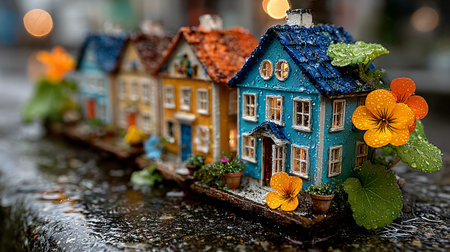 Miniature colorful village houses featuring a bright blue standout structure adorned with water droplets and orange flowers sit upon a wet textured surface in this charming close-up scene.の写真素材