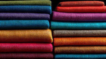 Colorful rolled textiles display rich textured weaves stacked vertically in two distinct columns...