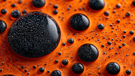 Extreme close-up macro photograph reveals textured black liquid droplets beautifully beaded upon a...