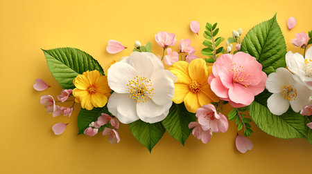 Vibrant border arrangement showcases beautiful yellow, pink, and white flowers interspersed with...