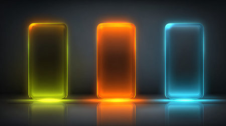 Three glowing abstract rectangular display panels resembling modern smartphones with vibrant neon...