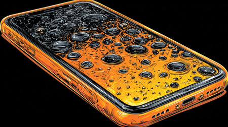 Orange smartphone illustration vividly showcases its water-resistant capabilities with numerous sparkling droplets meticulously covering the sleek display and vibrant casing, emphasizing a durable design for protecting valuable electronic devices in contemporary digital environments against splashes and moisture, making it an ideal visual for promotions highlighting technological resilience and innovative liquid protection solutions.の写真素材
