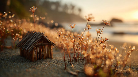 Miniature handmade hut crafted from rustic twigs sits nestled on a sandy beach, surrounded by delicate plants shimmering with morning dew drops and bathed in the warm, ethereal glow of a golden sunrise, creating a serene and captivating scene that evokes tranquility, natural beauty, and a magical sense of peace.の写真素材