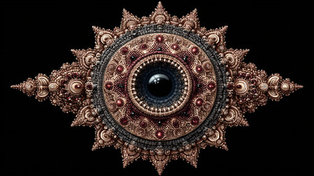 Intricate fractal mandala design resembling an ornate steampunk eye or starburst jewel features complex metallic textures in bronze and dark red tones surrounding a central black void against a solid black backdrop, perfect for unique abstract backgrounds.の写真素材