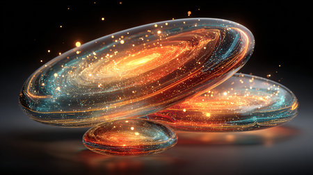 Multiple glowing transparent abstract ellipses display intricate swirling patterns of bright orange...