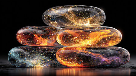 Abstract glowing capsules form an intriguing stacked pyramid on a reflective dark surface, each...
