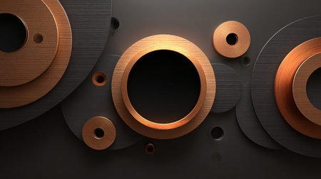Abstract composition showcases overlapping circular rings detailed with luxurious brushed copper and...