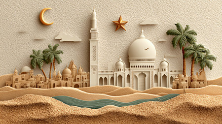 Beautifully rendered three-dimensional paper art illustration showcases an ethereal arabic desert...