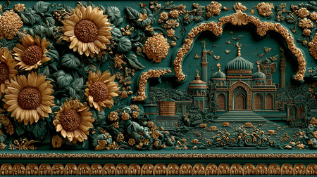 Magnificent highly detailed 3d rendered golden and emerald green relief artwork features a stunning...