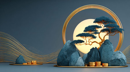 3d render of fantasy landscape with gold coins and tree on blue backgroundの写真素材