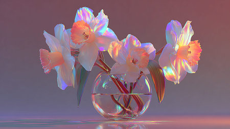 Beautiful iridescent daffodils featuring pale peach centers are captured in a clear glass bowl vase...