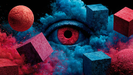 Intense macro eye with a fiery red iris is engulfed by swirling red and blue smoke contrasting with floating textured geometric shapes representing abstract concepts of focus and digital reality.の写真素材