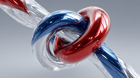 Intricately interwoven metallic red, blue, and clear transparent glass-like strands form a complex knot in this striking 3D abstract illustration, powerfully symbolizing intricate connections, robust partnerships, global unity, secure data networks, innovative business solutions, and resilient technological infrastructure development.の写真素材