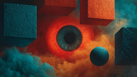 Large abstract digital eye with a prominent teal iris and glowing red aura observes floating...