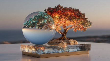 Conceptual illuminated tree sculpture rests on a reflective base beside a glass sphere containing...
