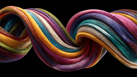 Vibrant and intricate abstract spiral, meticulously crafted from countless shimmering, multi-colored metallic threads, elegantly twists and turns against a deep black background, creating a mesmerizing visual display of dynamic form and brilliant texture.の写真素材