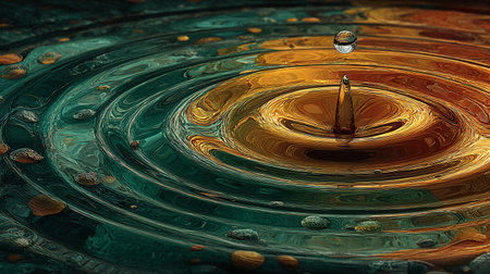 Liquid droplet rebounds from a surface generating vibrant concentric ripples displaying mesmerizing...